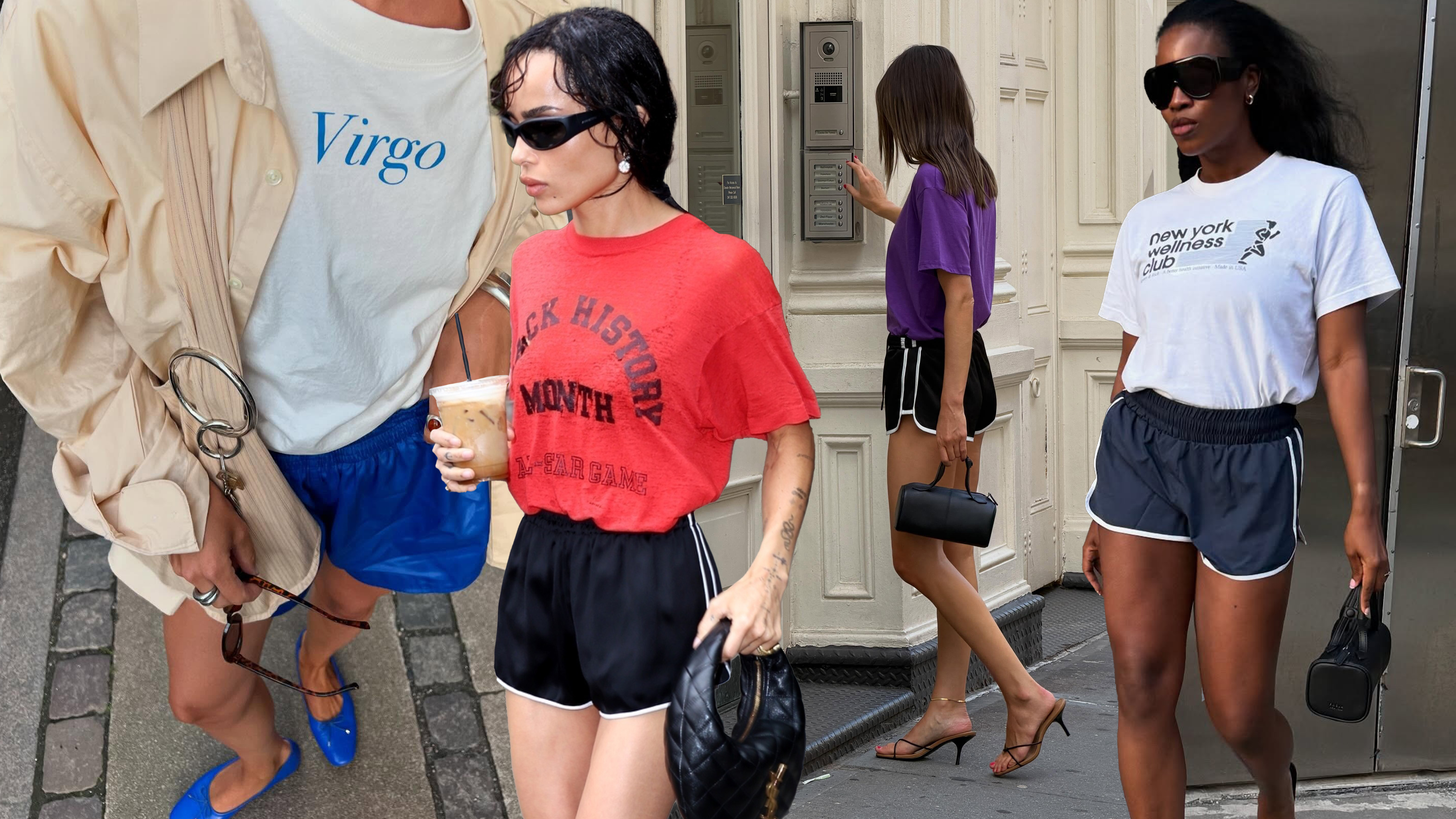 @cocoschiffer, Zo&euml; Kravitz, @amalienielsenn, and @nlmarilyn wearing athletic shorts outfits.