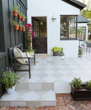 painted patio and steps in checkerboard design