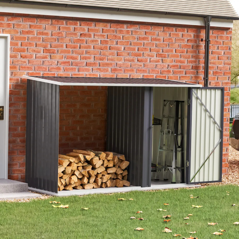 metal shed with log store and cupboard