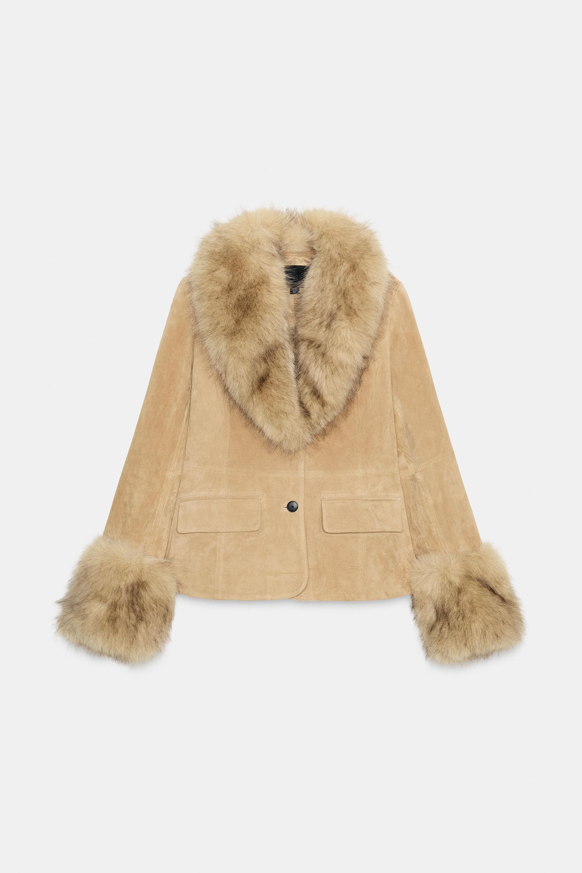 Tailored 100% Suede Leather Blazer With Faux Fur