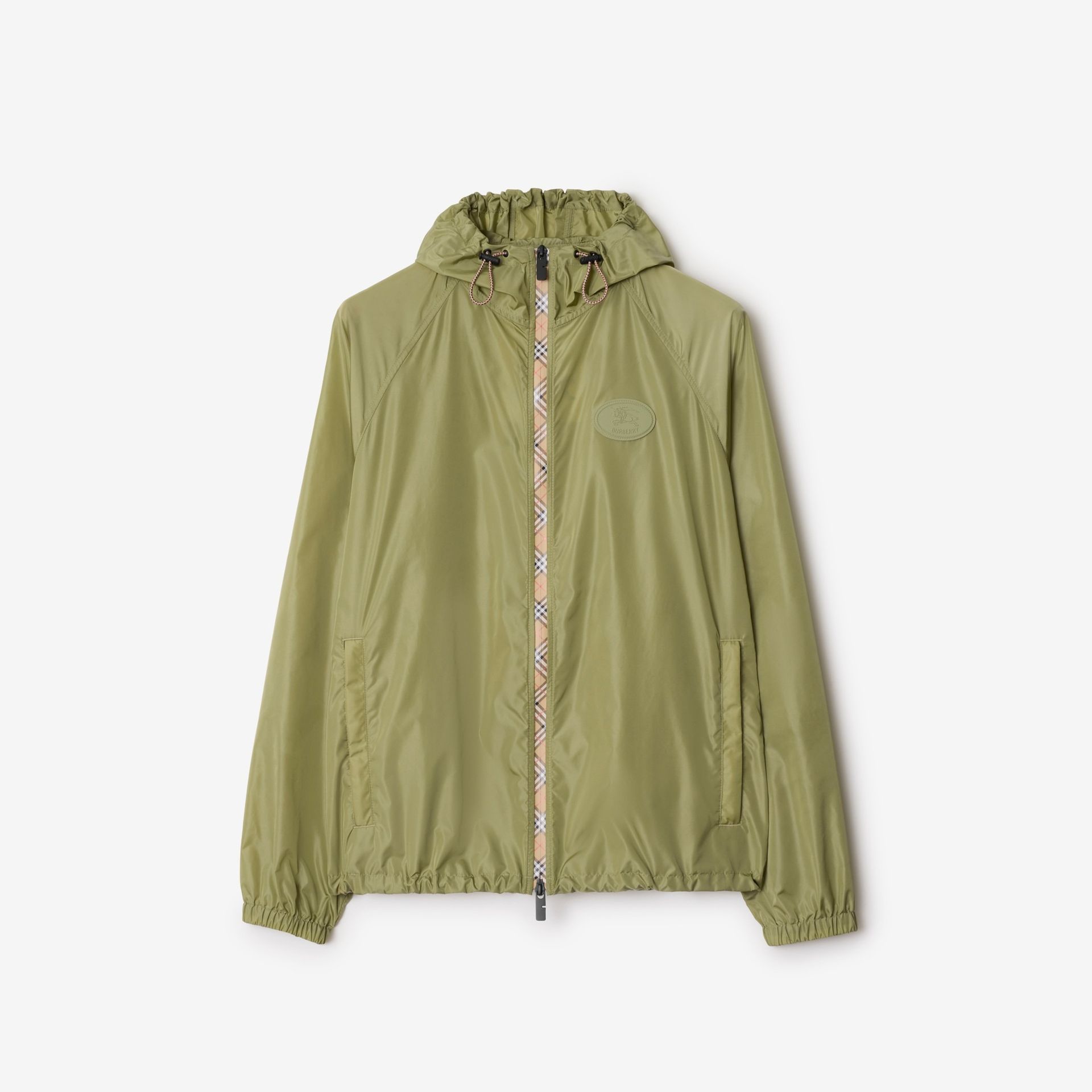 Burberry, Check Trim Nylon Hooded Jacket in Wreath Green