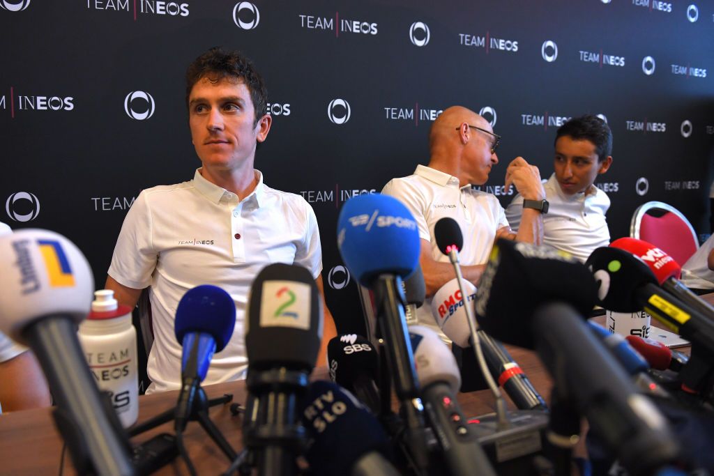 Geraint Thomas with David Brailsford and Egan Bernal