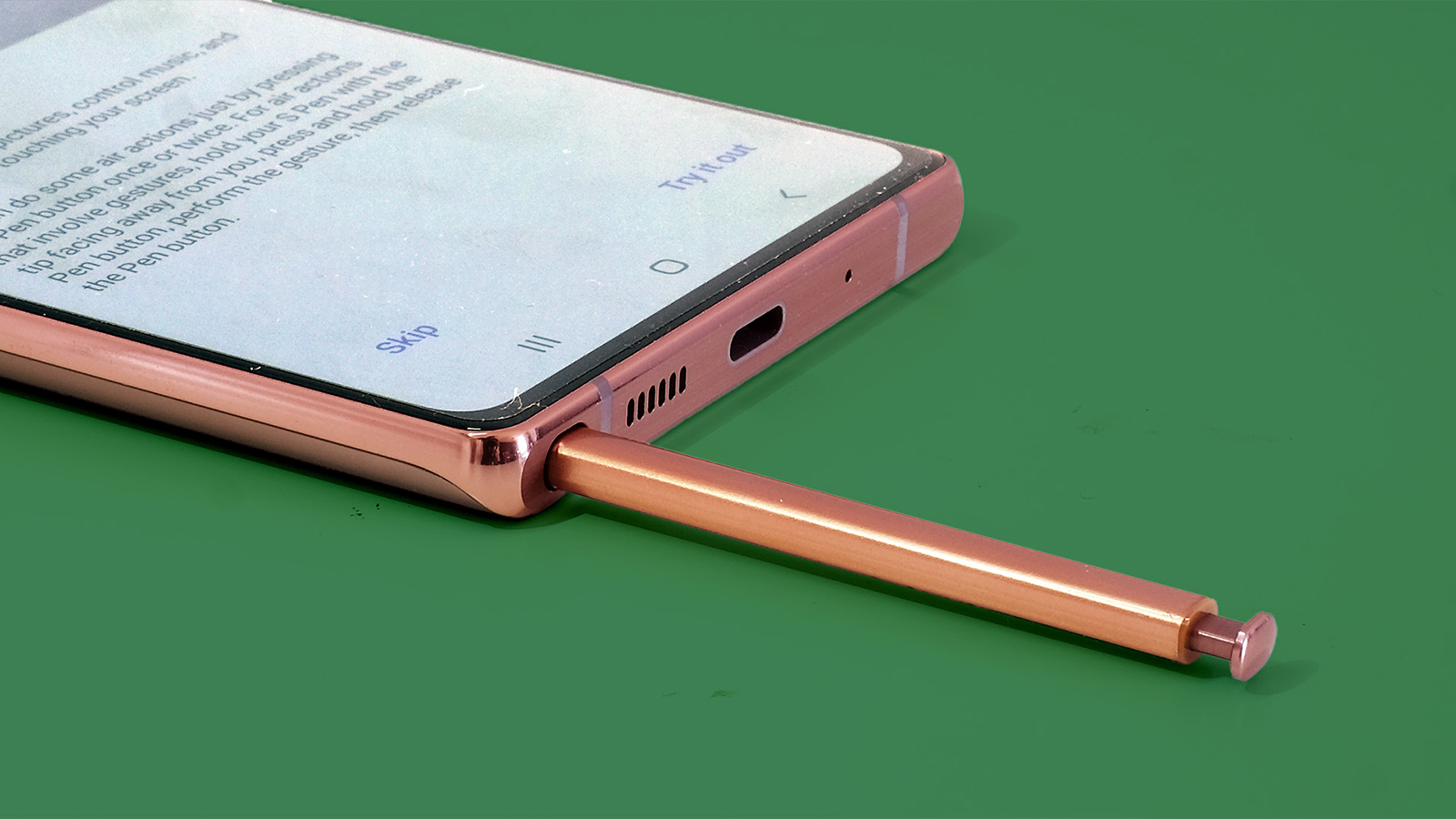 The Samsung Galaxy Note 20 with its stylus half inserted in the slot