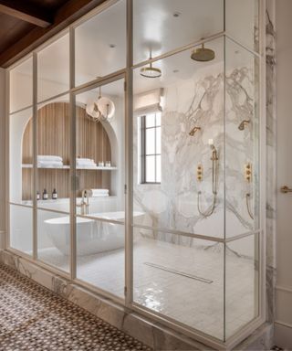 White wet room, bath glass window