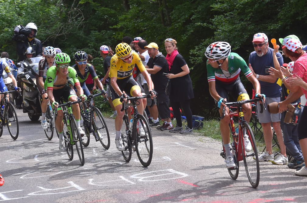 Chris Froome closing down Fabio Aru on stage 9 of the Tour de France