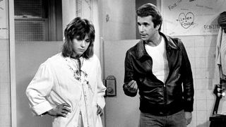Suzi Quatro and Henry Winkler perform as Leather Tuscadero and Fonzie on the ABC sitcom Happy Days November 8 1977