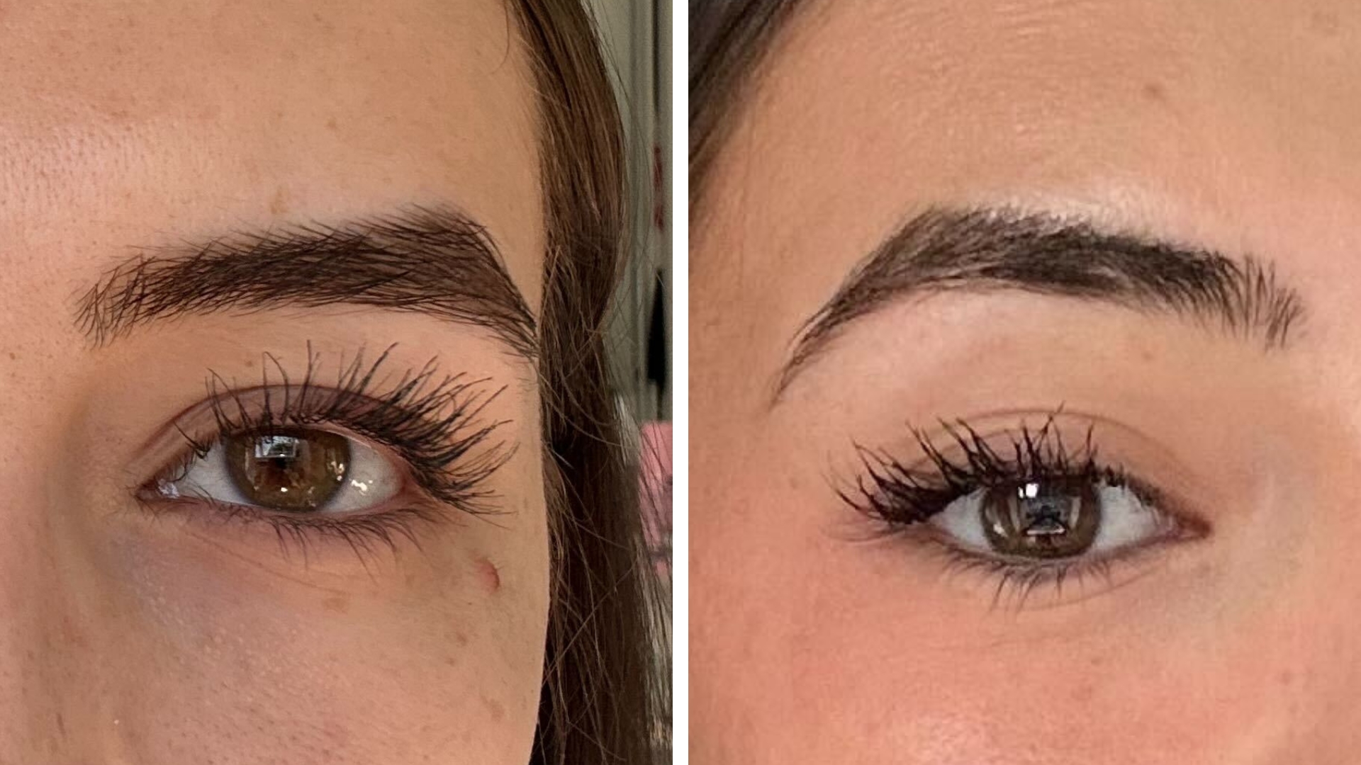 On the left, Sennen wearing Glossier Lash Slick on its own, on the right, Sennen wearing Glossier Lash Slick layered with Sculpted by Aimee&#039;s My Mascara