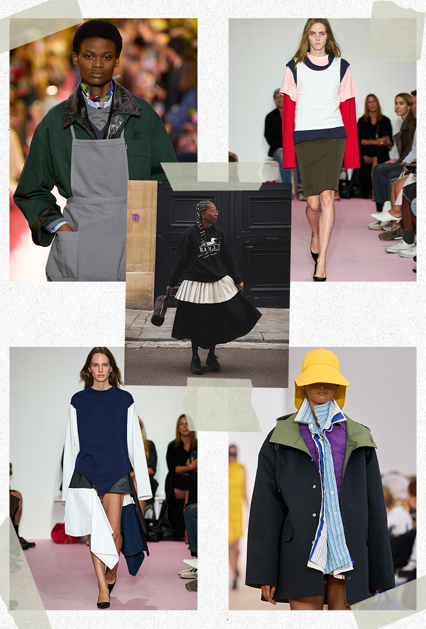 The best 2026 trends and outdated fashion trends, according to the French are shown in a collage of runway images. In the middle, there's a photo of Violette Tannenbaum wearing a black sweatshirt with a black pleated skirt and sneakers. It's surrounded by close-up photos from the runway showing the layering trend worn by models in the spring 2026 collections of LII, Loewe, and Miu Miu