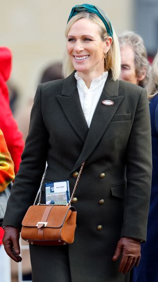 Zara Tindall attends day 2 'Power Paddy Day' of The November Meeting at Cheltenham Racecourse on November 16, 2024