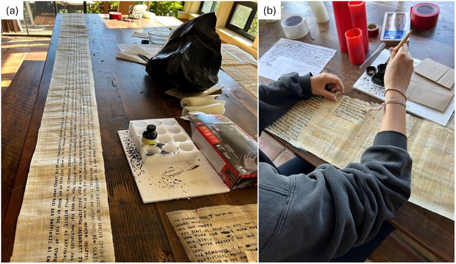 Two images show long tan pieces of papyrus being written on them.