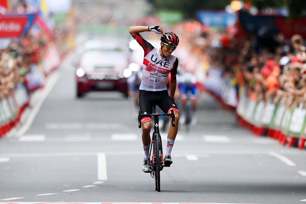 BILBAO SPAIN AUGUST 24 Marc Soler Gimenez of Spain and UAE Team Emirates celebrates winning during the 77th Tour of Spain 2022 Stage 5 a 1872km stage from Irn to Bilbao LaVuelta22 WorldTour on August 24 2022 in Bilbao Spain Photo by Justin SetterfieldGetty Images