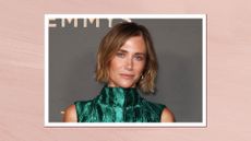 Kristen Wiig is pictured with a tousled soft Bell-Bottom bob at day 2 of the 76th Creative Arts Emmy Awards held at the Peacock Theater on September 8, 2024 in Los Angeles, California/ in a pastel pink template