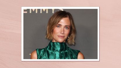 Kristen Wiig is pictured with a tousled soft Bell-Bottom bob at day 2 of the 76th Creative Arts Emmy Awards held at the Peacock Theater on September 8, 2024 in Los Angeles, California/ in a pastel pink template