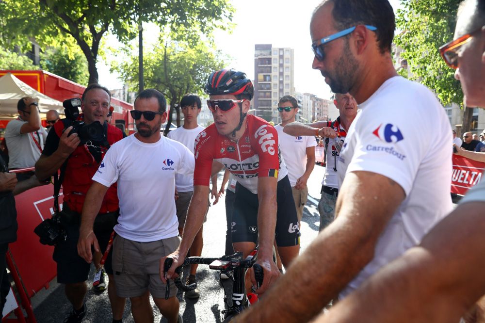 Jelle Wallays (Lotto Soudal) heads to the podium after his stage win