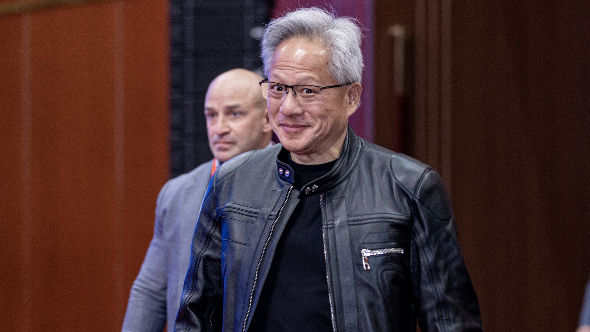 Nvidia CEO Jensen Huang looking smug during a Thematic Event on Advanced Manufacturing in China.
