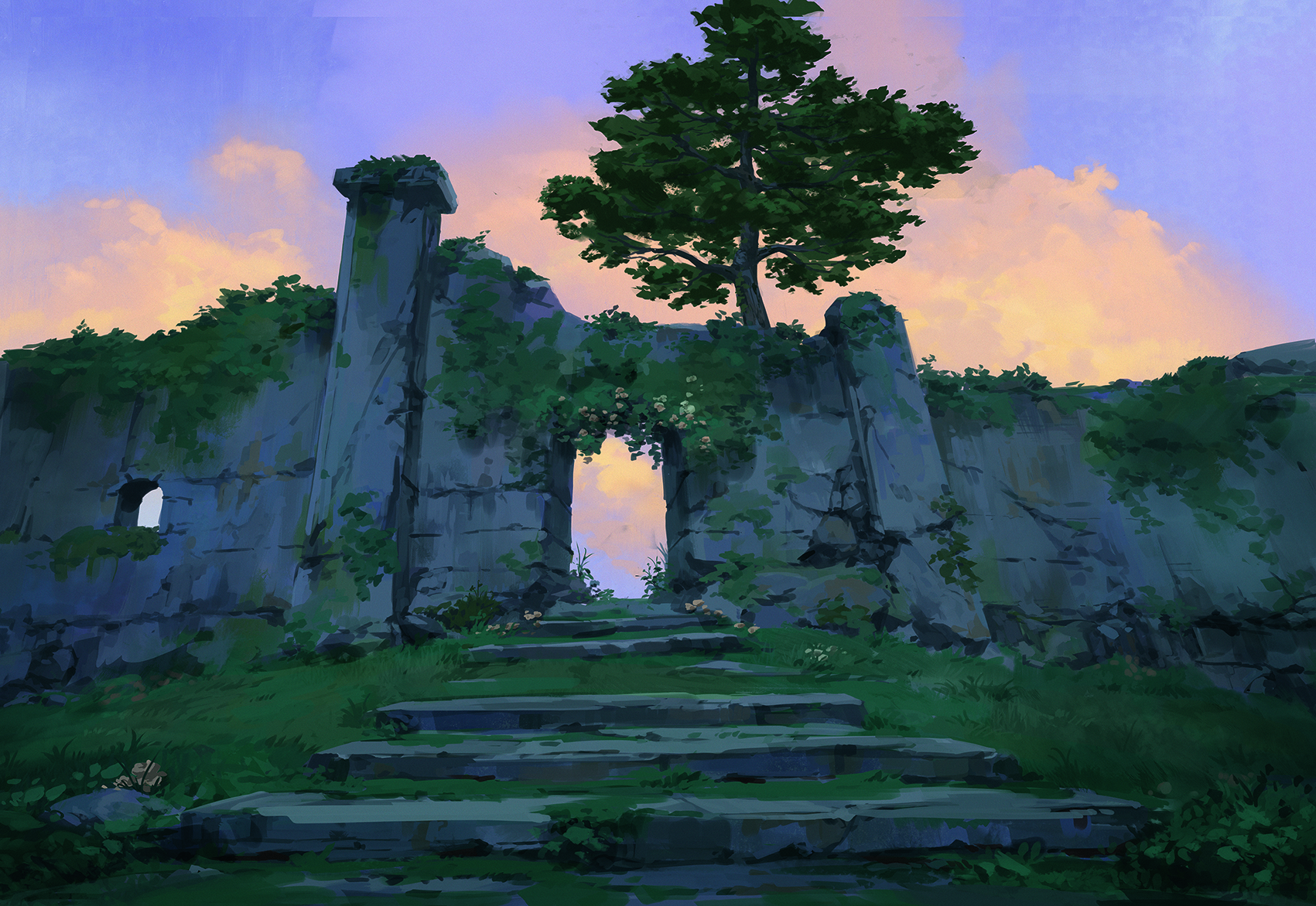Digital art in progress from a matte painting tutorial