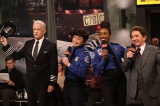 tom hanks as an airline pilot in a sketch on snl