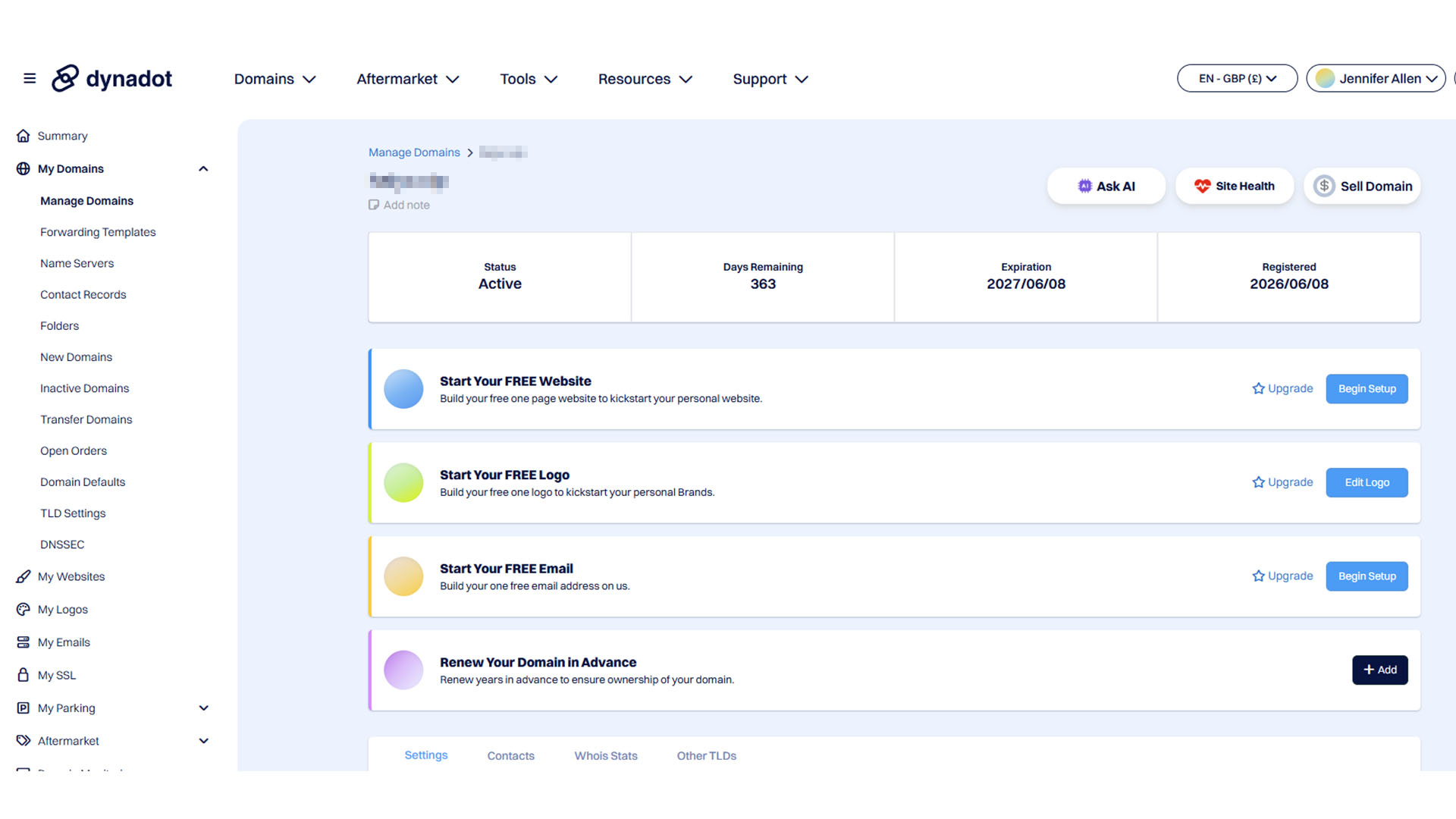 Dynadot dashboard.