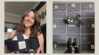 Susan Griffin trying out the Pvolve Jennifer Aniston workout at home with P.Ball and Pvolve mat