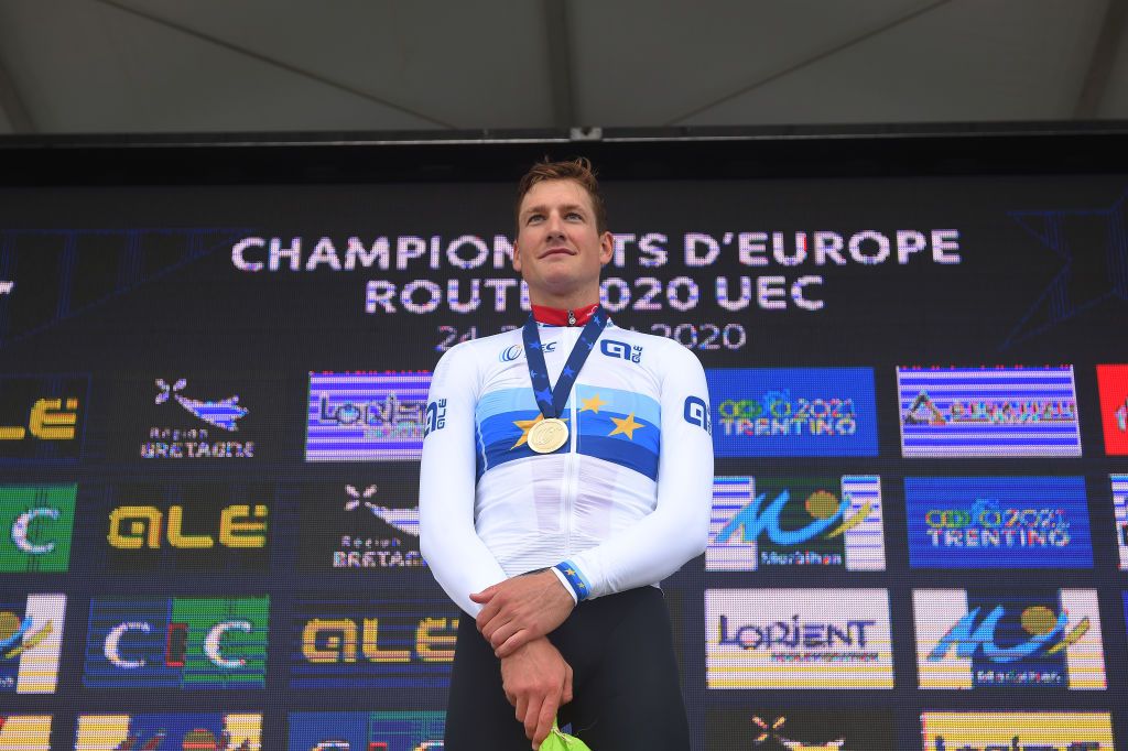 PLOUAY FRANCE AUGUST 24 Podium Stefan Kung of Switzerland Gold Medal European Champion Jersey Celebration during the 26th UEC Road European Championships 2020 Mens Elite Individual Time Trial a 256km race from Plouay to Plouay ITT UECcycling EuroRoad20 on August 24 2020 in Plouay France Photo by Luc ClaessenGetty Images