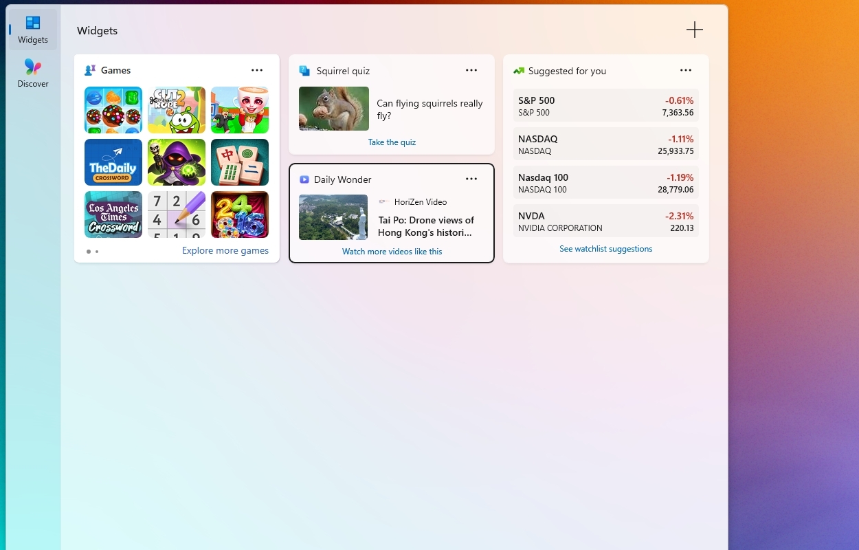 Widgets dashboard displaying a games selection, a quiz on flying squirrels, a video titled "Tai Po: Drone views of Hong Kong," and current stock market data.