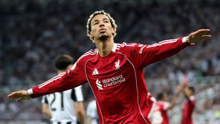 Hugo Ekitike of Liverpool celebrates scoring his team's second goal during the Premier League match between Newcastle United and Liverpool at St James' Park on August 25, 2025 in Newcastle upon Tyne, England. 