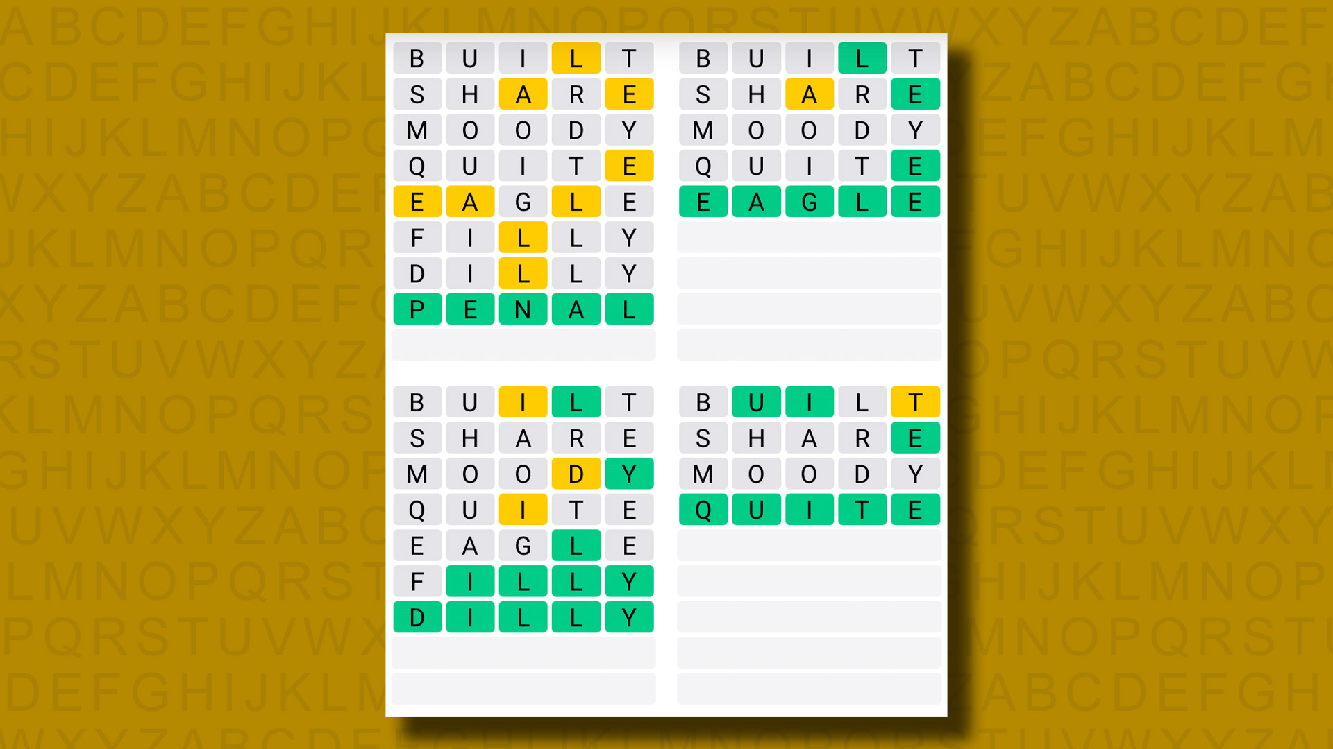 Quordle answers for game 1061 on a yellow background