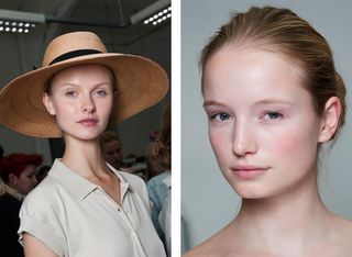 Model wearing hat and close up of her face on right