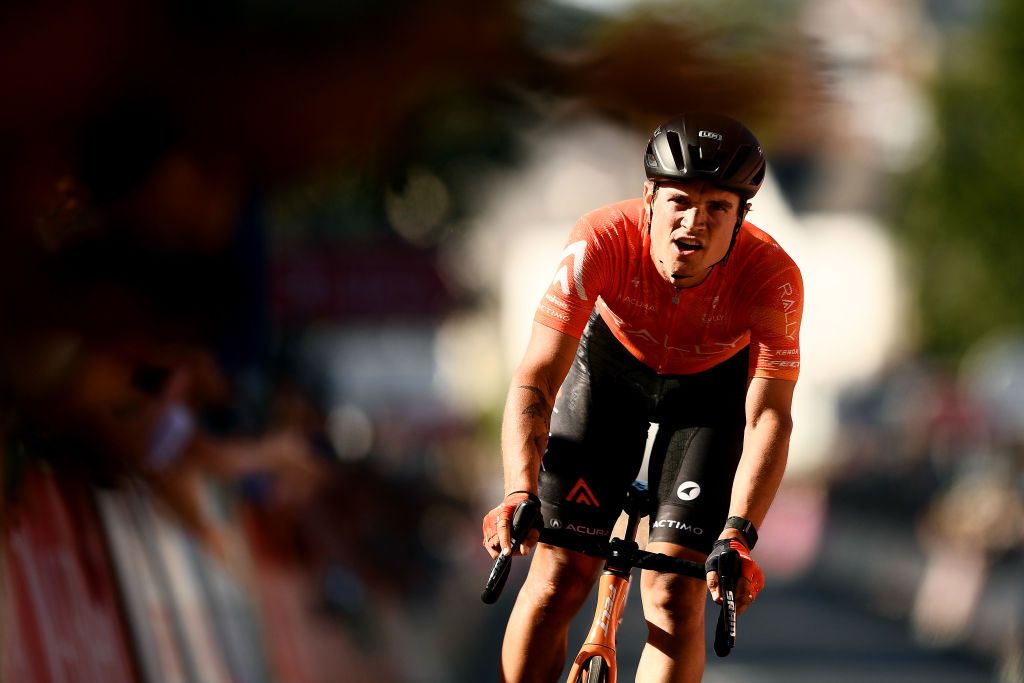 EXETER ENGLAND SEPTEMBER 06 Robin Carpenter of United States and Team Rally Cycling celebrates winning during the 17th Tour of Britain 2021 Stage 2 a 1839km stage from Sherford to Exeter TourofBritain TourofBritain on September 06 2021 in Exeter England Photo by Harry TrumpGetty Images