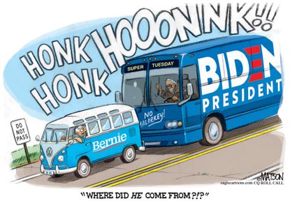 Political Cartoon U.S. Campaign bus Biden catches up Sanders 2020 election