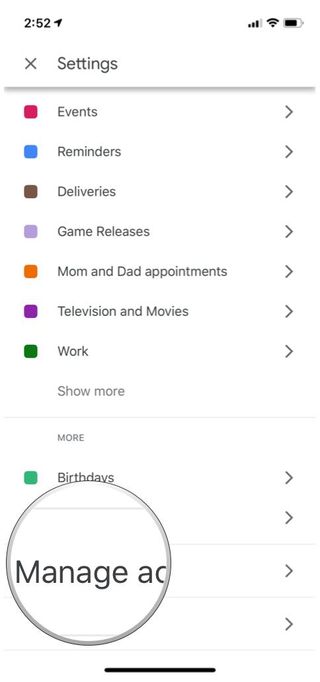 Google Calendar manage accounts in menu