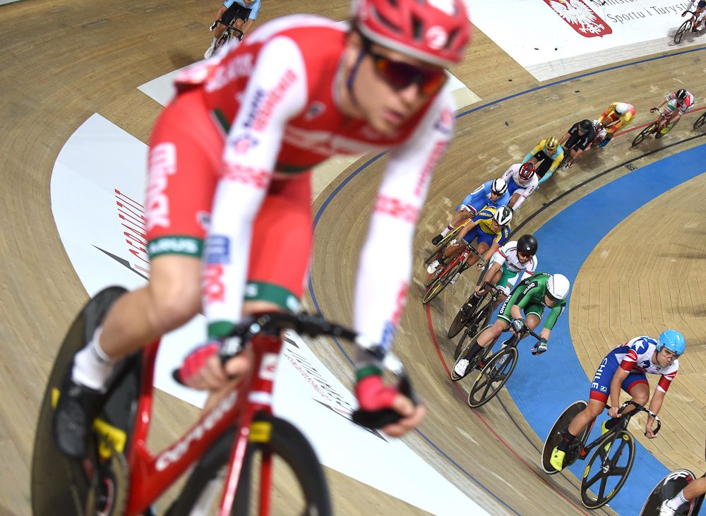 Cyclists compete during the Men's Points Race 40 km at the UCI Track Cycling World Championships in Pruszkow, Poland
