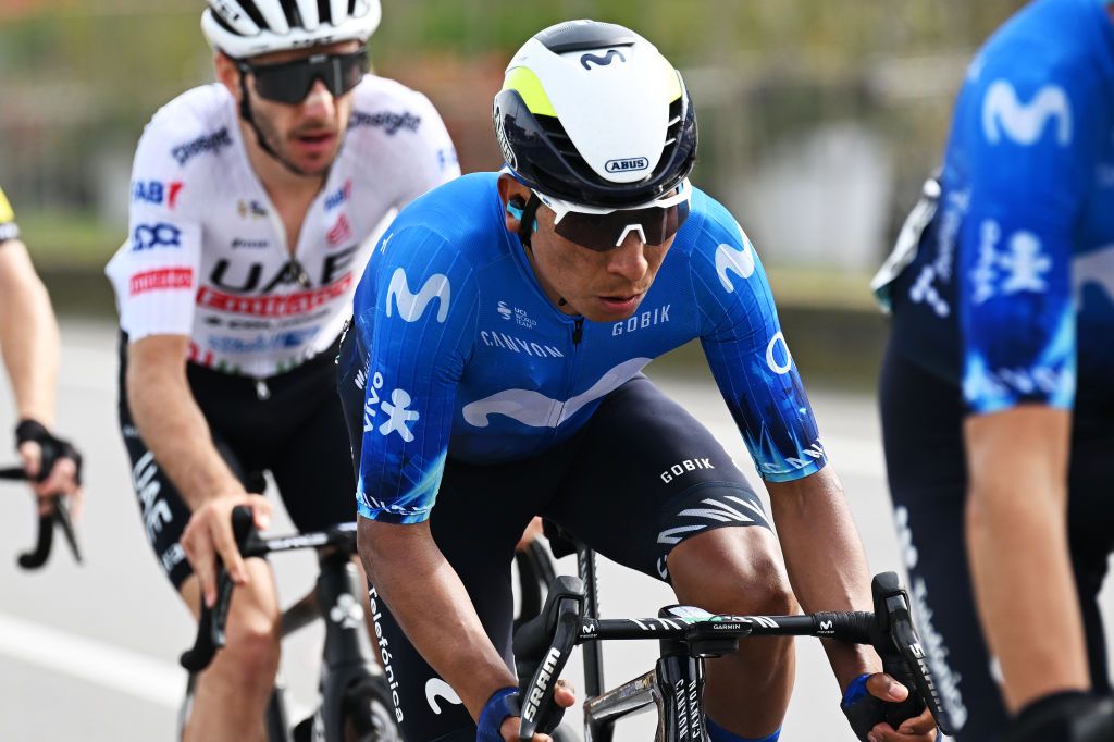 COMO ITALY OCTOBER 12 Nairo Quintana of Colombia and Movistar Team competes during the 118th Il Lombardia 2024 a 255km one day race from Bergamo to Como UCIWT on October 12 2024 in Como Italy Photo by Tim de WaeleGetty Images