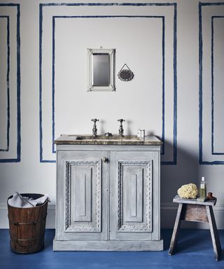Grey and blue bathroom with upcycled vanity unit using grey chalk paint