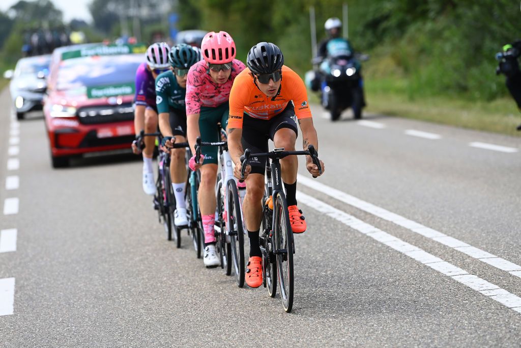 UTRECHT NETHERLANDS AUGUST 20 LR Julius Van Den Berg of Netherlands and Team EF Education Easypost and Xavier Mikel Azparren Irurzun of Spain and Team Euskaltel Euskadi compete in the breakaway during the 77th Tour of Spain 2022 Stage 2 a 1751km stage from sHertogenbosch to Utrecht LaVuelta22 WorldTour on August 20 2022 in Utrecht Netherlands Photo by Tim de WaeleGetty Images