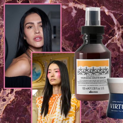 two girls with straight black hair next to two keratin products on a red marble background