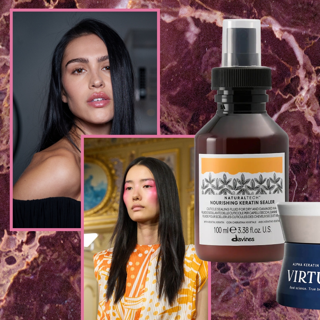 two girls with straight black hair next to two keratin products on a red marble background