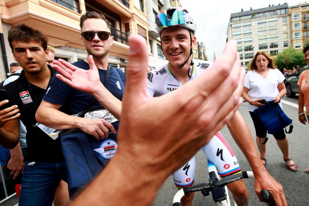 SAN SEBASTIAN SPAIN JULY 29 Race winner Remco Evenepoel of Belgium and Team Soudal Quick Step reacts after the 43rd Donostia San Sebastian Klasikoa 2023 Mens Elite a 2303km one day race from San Sebastian to San Sebastian UCIWT on July 29 2023 in San Sebastian Spain Photo by Gonzalo Arroyo MorenoGetty Images