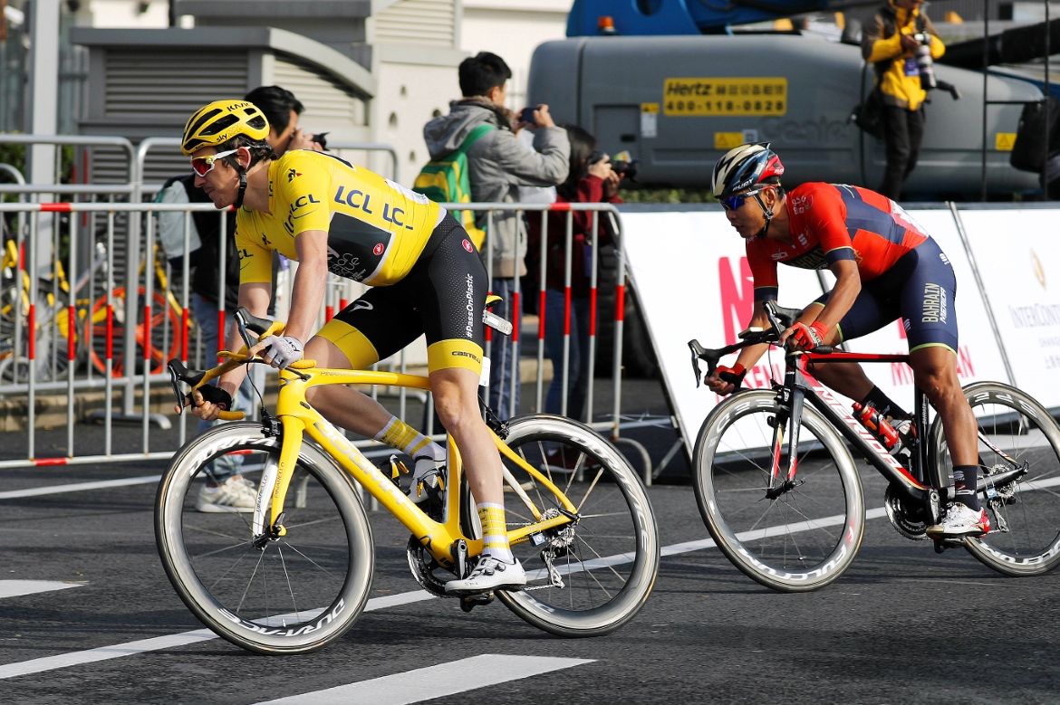 Geraint Thomas (Team Sky) leads into a corner