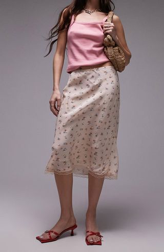 Floral Satin Midi Slip Skirt