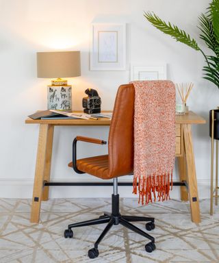 Safari Lamp €150, Weaver Throw in Rust €40, Wick & Wish Diffuser, Stockholm Chair, Stockholm Desk in home office by Harvey Norman