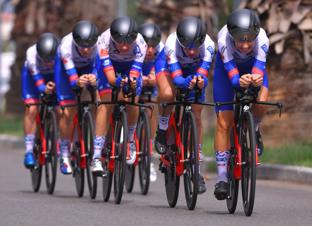 GROSSETO ITALY SEPTEMBER 11 Cecilie Uttrup Ludwig of Denmark Stine Andersen Borgli of Norway Brodie Chapman of Australia Emilia Fahlin of Sweden Eugenie Duval of France and Evita Muzic of France and Team FDJ Nouvelle Aquitaine Futuroscope during the 31st Giro dItalia Internazionale Femminile 2020 Stage 1 a 168km Team Time Trial from Grosseto to Grosseto TTT GiroRosaIccrea GiroRosa on September 11 2020 in Grosseto Italy Photo by Luc ClaessenGetty Images