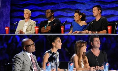 Spot the difference: Simon Cowell on his last season of American Idol in 2009 and Simon Cowell on the debut of his new singing competition show The X Factor Wednesday.
