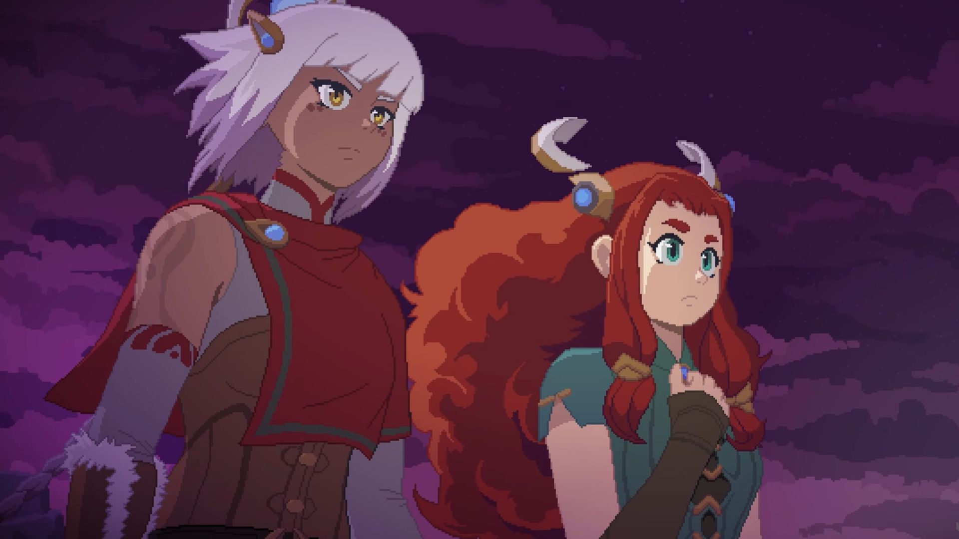 Alabaster Dawn - Two young women standing in the darkness intensely looking at a distant threat