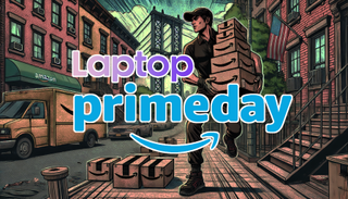 An Amazon delivery driver running down a city street carrying Amazon boxes with the Laptop Mag and Prime Day logos in front