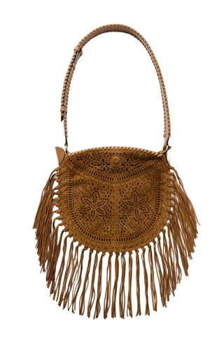 Isabel Marant Oskan Fringed Leather-Trimmed Perforated Suede Shoulder Bag