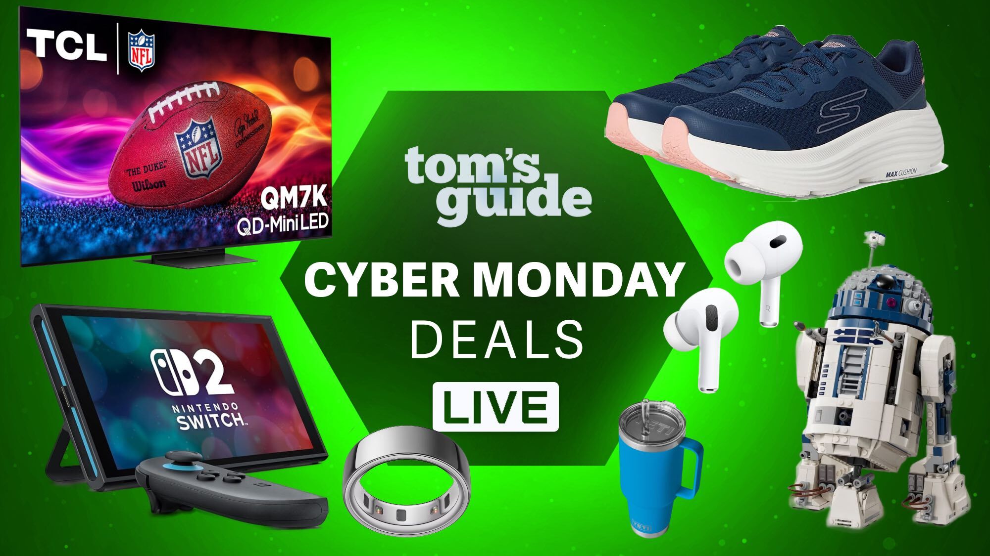 Compilation showing TCL TV, Nintendo Switch 2, Oura ring, Yeti tumbler, Apple AirPods, Skechers shoes, Lego Star Wars building set.