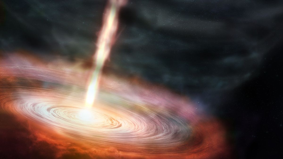 This artist&#039;s conception shows a zoomed in view of MWC 349A and its surrounding disk of gas and dust that are being shaped by the winds and high-speed jet.