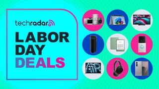 Collage of tech from the Best Buy Labor Day sale, including appliances, laptops, TVs, headphones, and phones, next to the TechRadar Labor Day deals logo