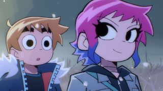 Scott looks wide-eyed at a smiling Ramona in Scott Pilgrim Takes Off
